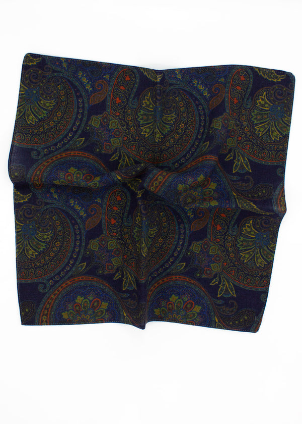 Paisley Wool Pocket Square - Navy